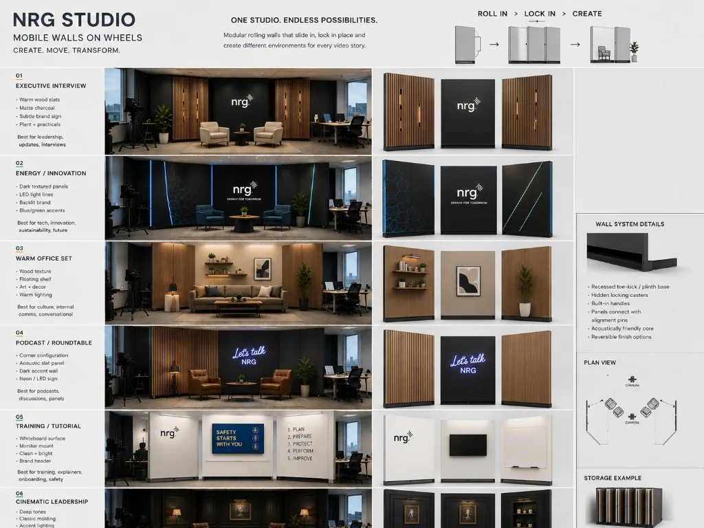 NRG Studio modular mobile-wall concept board showing six scenic configurations and a rolling-wall system overview